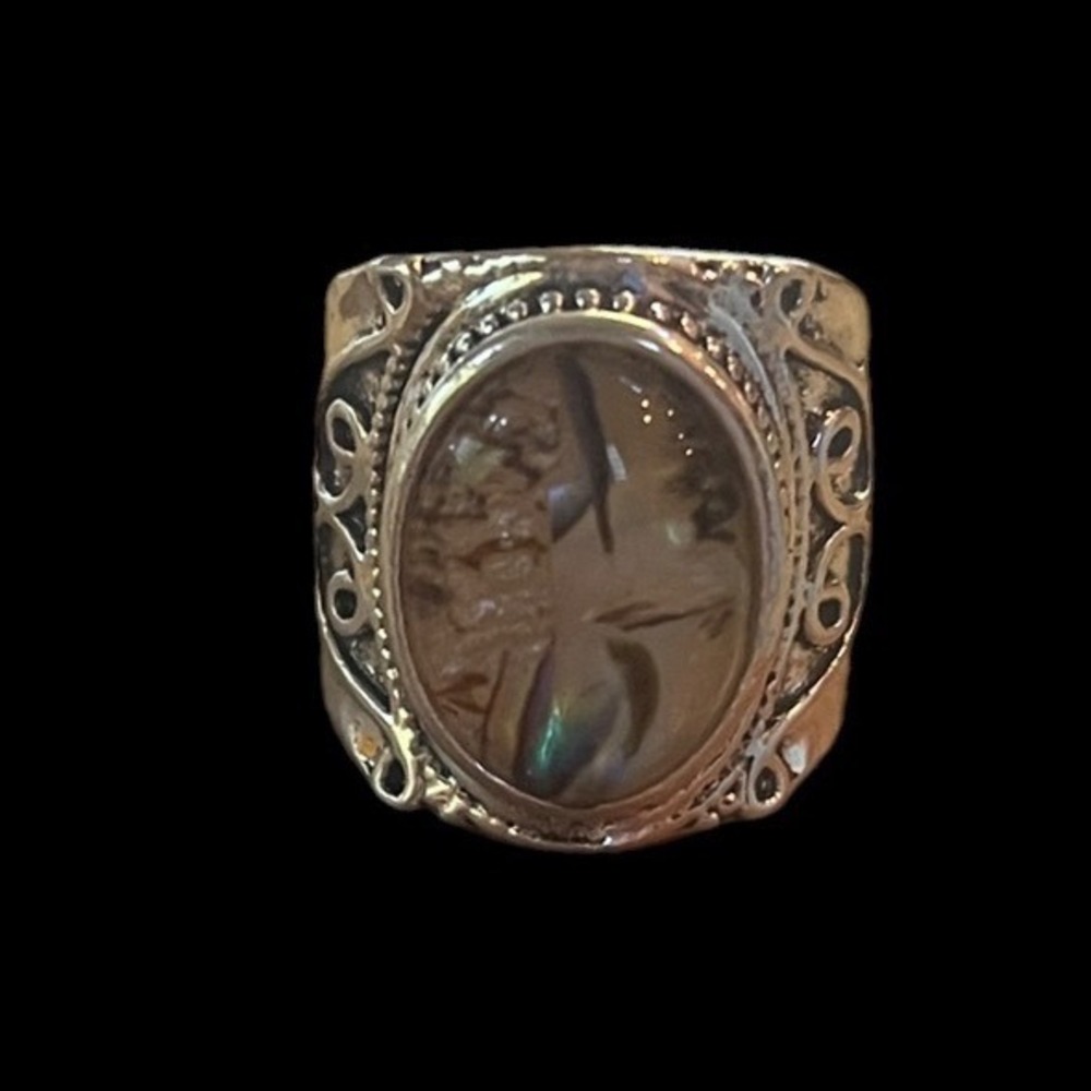 Abalone Shell Filigree Statement Ring Silver Tone Oval Cabochon Scroll Detailing